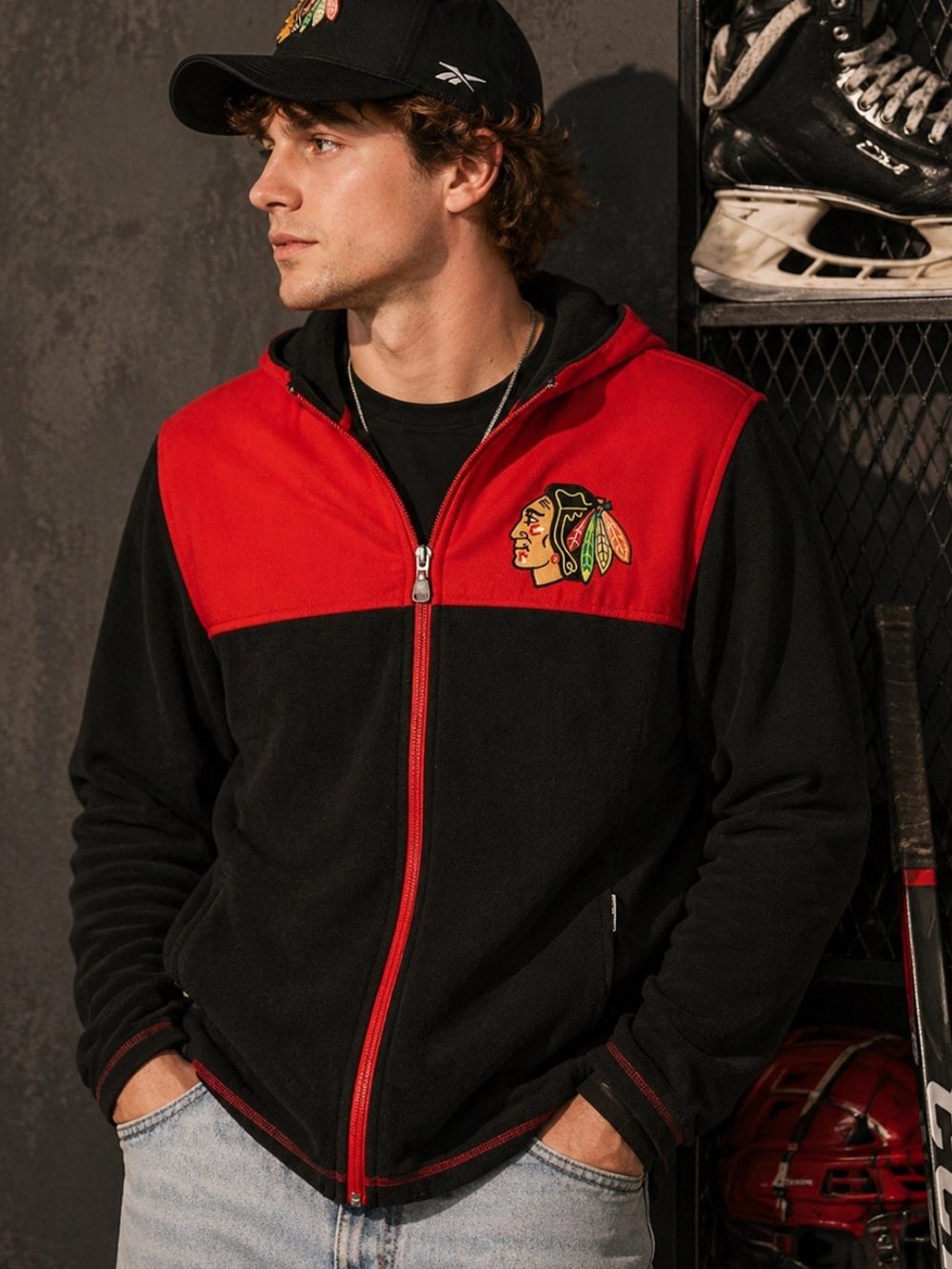 Reebok NHL Chicago Blackhawks Full Zip Fleece Jacket Hoodie M